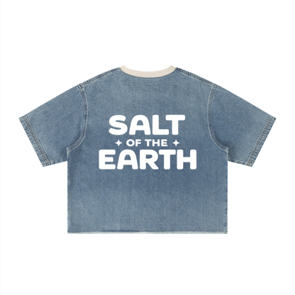 Unisex Boxy Raw Hem Denim "SALT OF THE EARTH" Tee