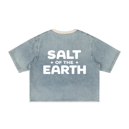 Unisex Boxy Raw Hem Denim "SALT OF THE EARTH" Tee